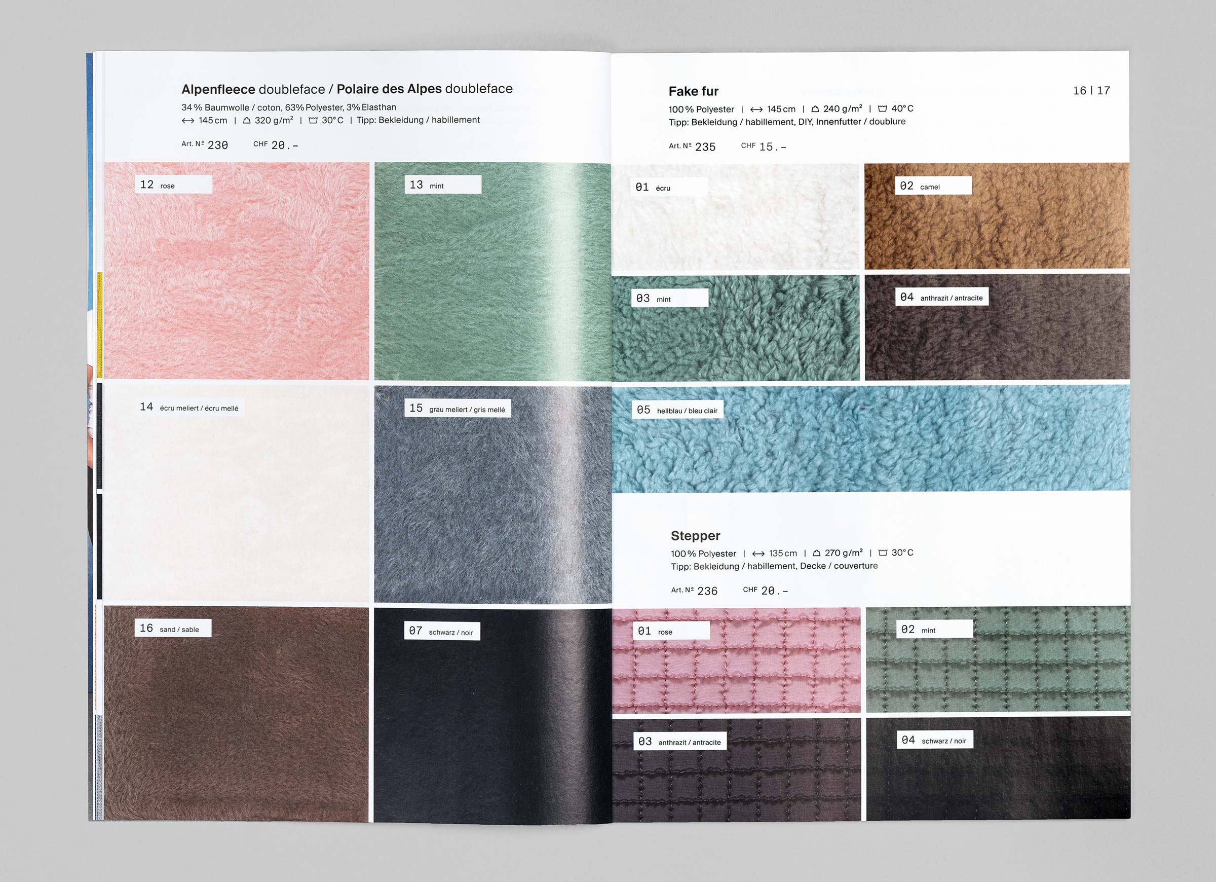 Textil Tricot Vogt – Katalog 2017/18, spreads
©Atelier Pol × Barbara Hess